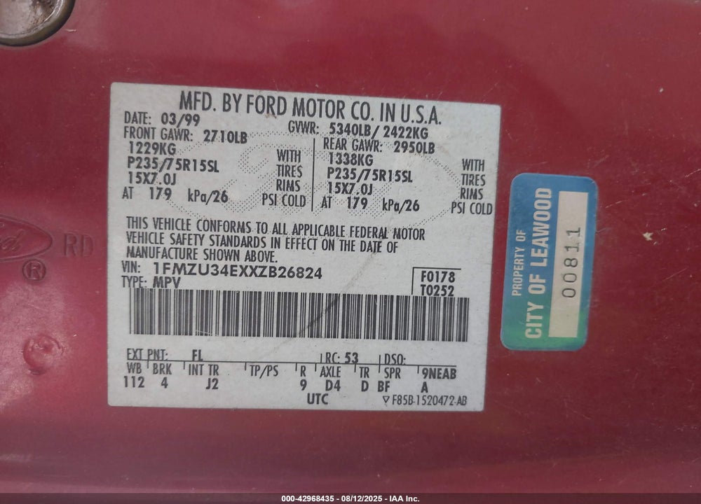 1999 FORD EXPLORER EDDIE BAUER/LIMITED/XLT VIN: 1FMZU34EXXZB26824