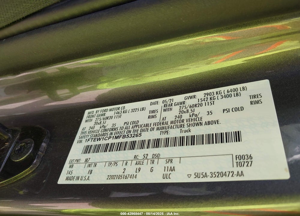 2021 FORD F-150 VIN: 1FTEW1CP1MFB53265