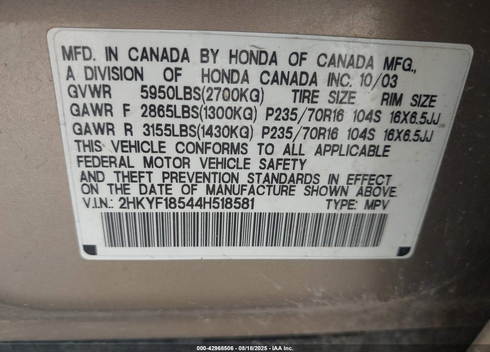 2004 HONDA PILOT EX-L VIN: 2HKYF18544H518581