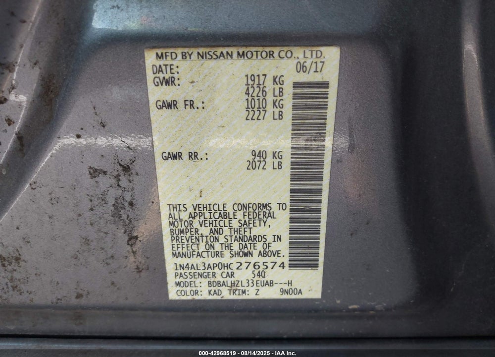 2017 NISSAN ALTIMA VIN: 1N4AL3AP0HC276574