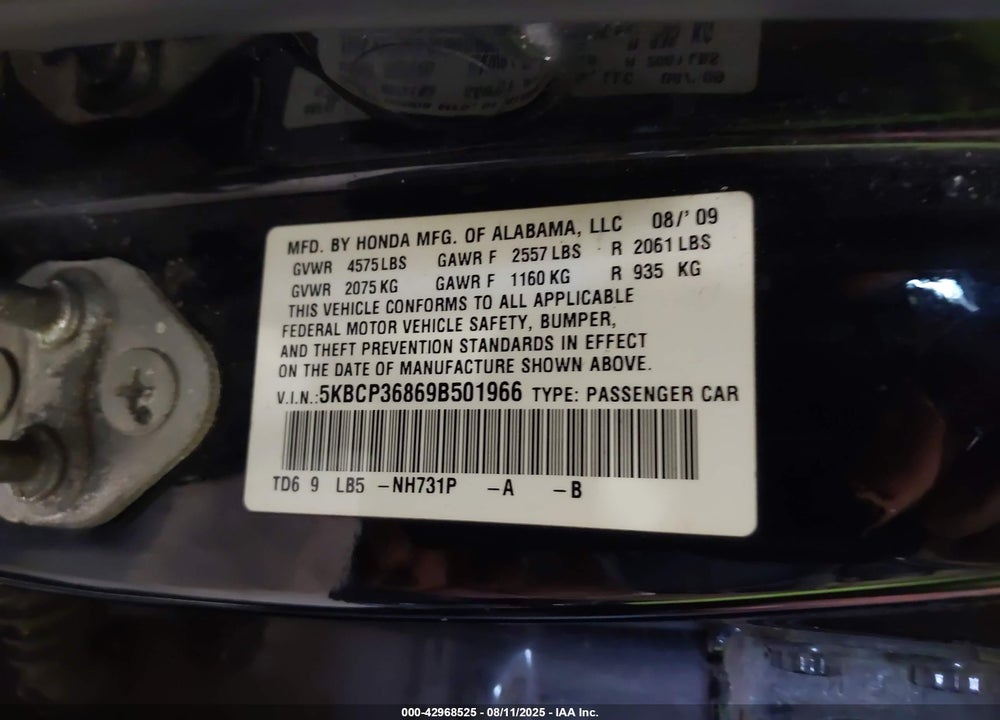 2009 HONDA ACCORD VIN: 5KBCP36869B501966