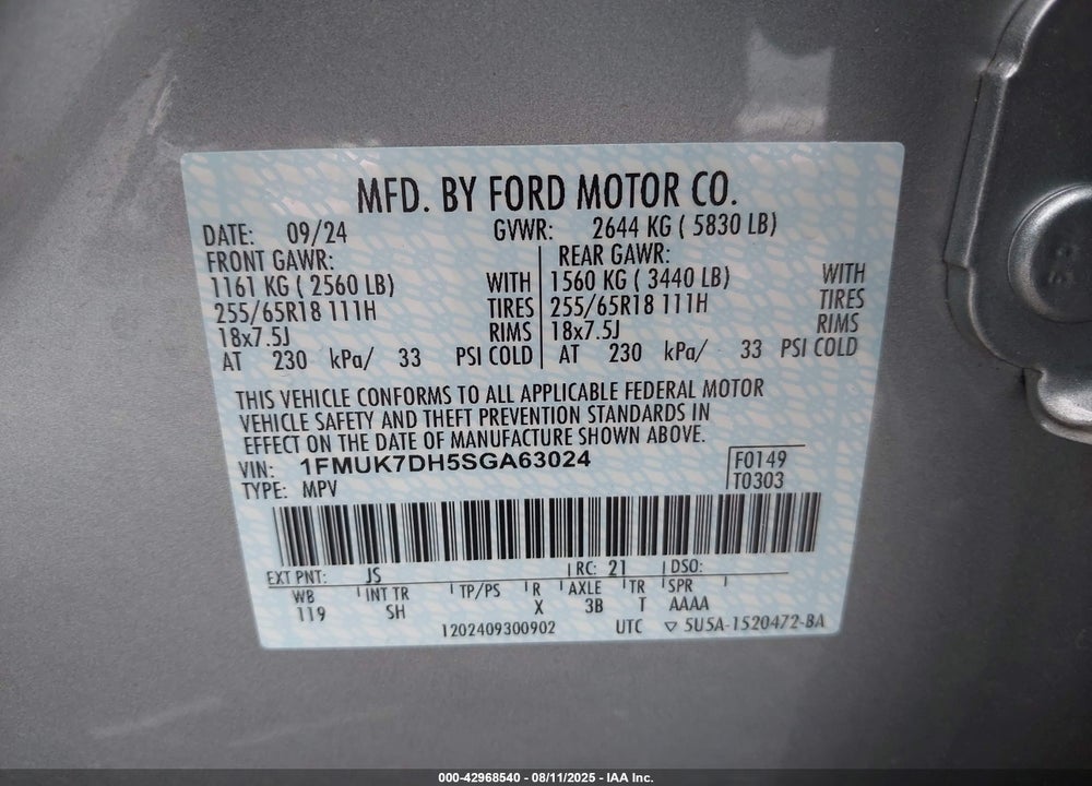 2025 FORD EXPLORER VIN: 1FMUK7DH5SGA63024