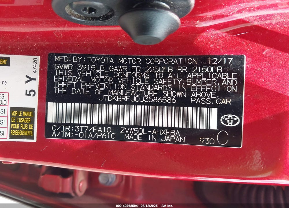 2018 TOYOTA PRIUS VIN: JTDKBRFU0J3586586