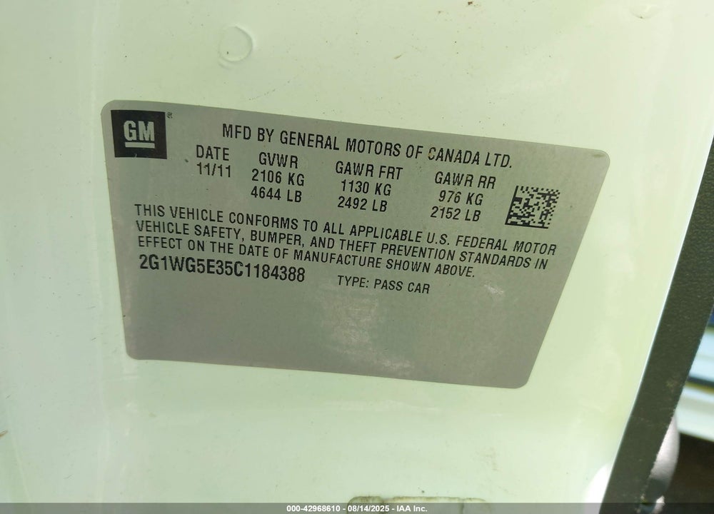 2012 CHEVROLET IMPALA VIN: 2G1WG5E35C1184388