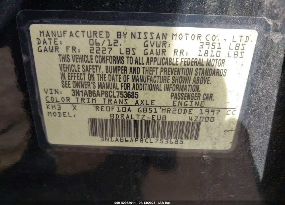 2012 NISSAN SENTRA VIN: 3N1AB6AP8CL753685