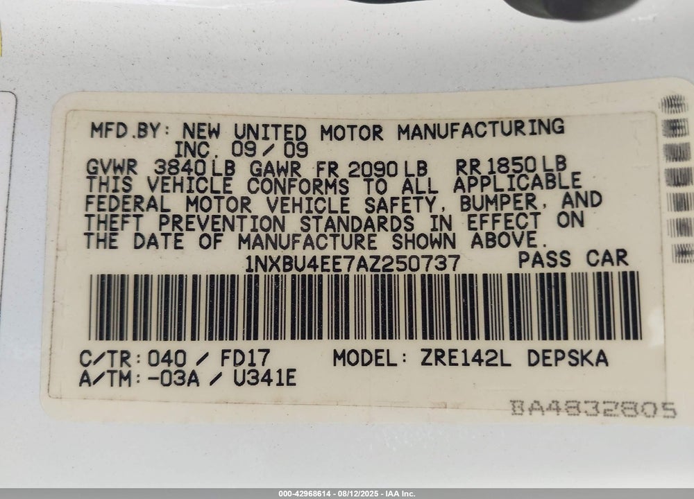 2010 TOYOTA COROLLA S VIN: 1NXBU4EE7AZ250737