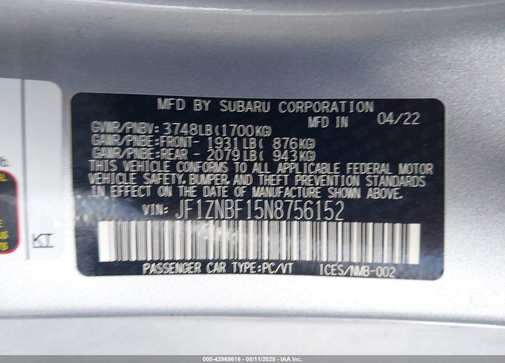 2022 TOYOTA GR 86 VIN: JF1ZNBF15N8756152
