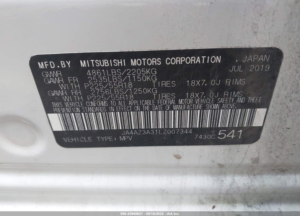 2020 MITSUBISHI OUTLANDER VIN: JA4AZ3A31LZ007344