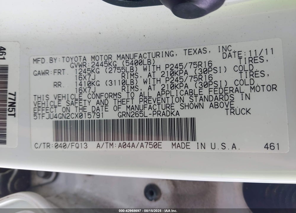 2012 TOYOTA TACOMA VIN: 5TFJU4GN2CX015791
