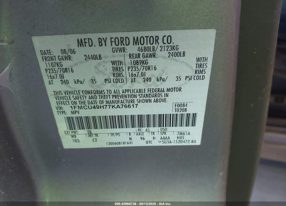 2007 FORD ESCAPE HYBRID VIN: 1FMCU49H77KA76617