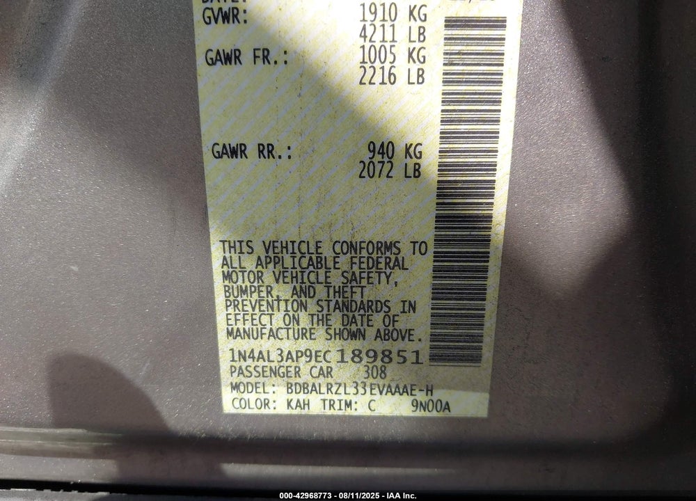 2014 NISSAN ALTIMA 2.5 S VIN: 1N4AL3AP9EC189851