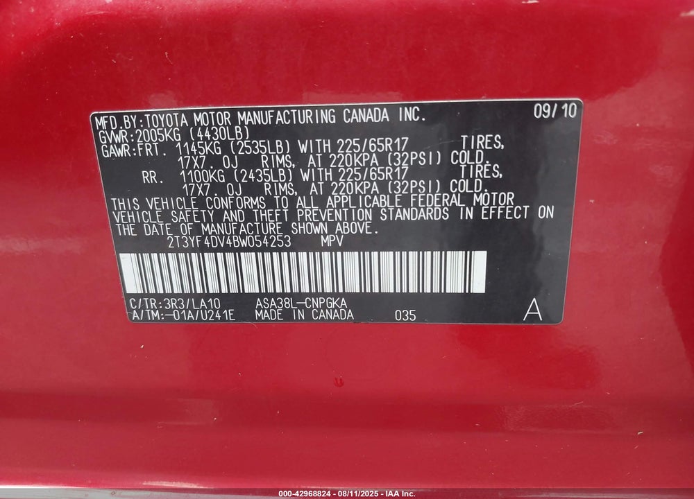 2011 TOYOTA RAV4 VIN: 2T3YF4DV4BW054253
