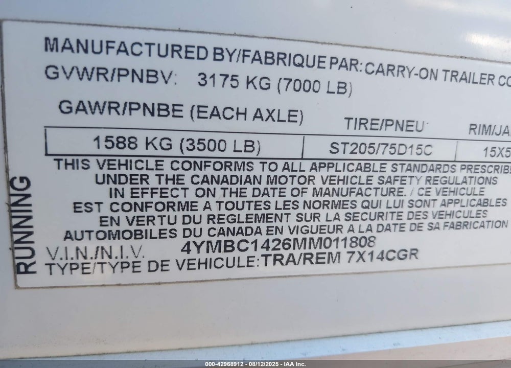 2021 CARRY ON OTHER VIN: 4YMBC1426MM011808