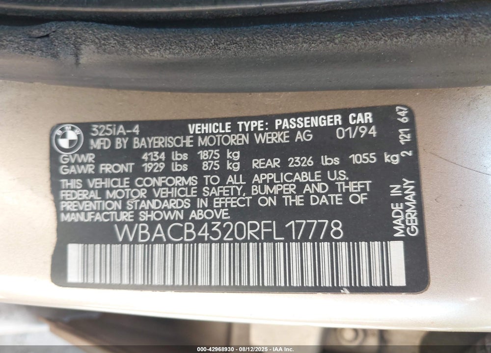 1994 BMW 325 I AUTOMATIC VIN: WBACB4320RFL17778
