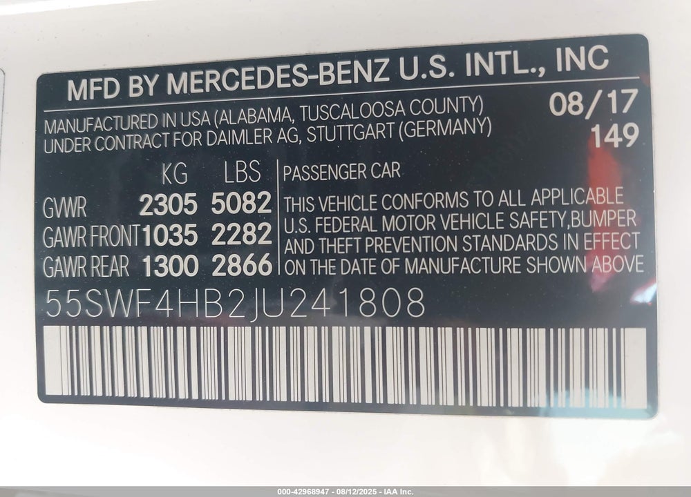2018 MERCEDES-BENZ C CLASS VIN: 55SWF4HB2JU241808