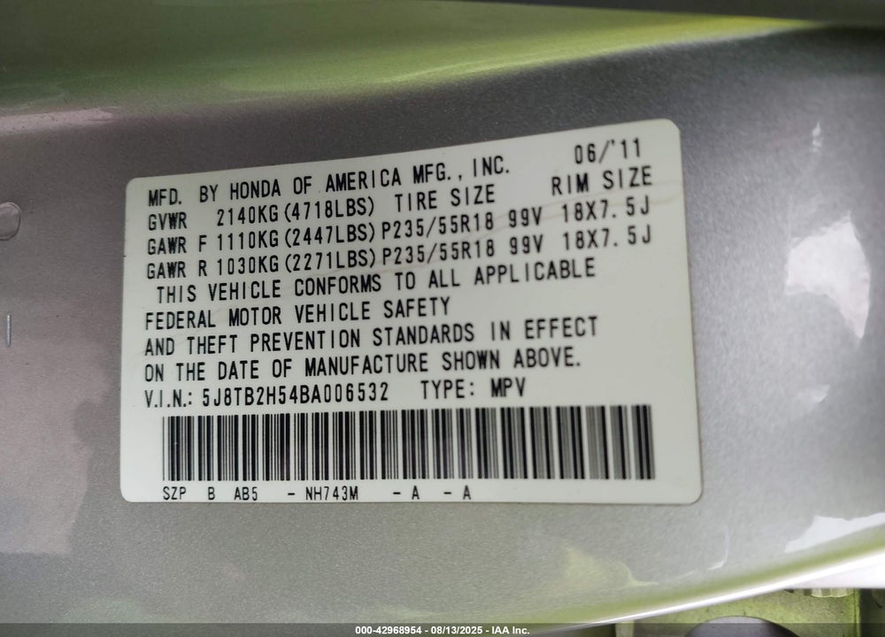 2011 ACURA RDX VIN: 5J8TB2H54BA006532