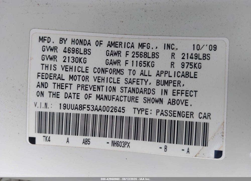 2010 ACURA TL VIN: 19UUA8F53AA002645