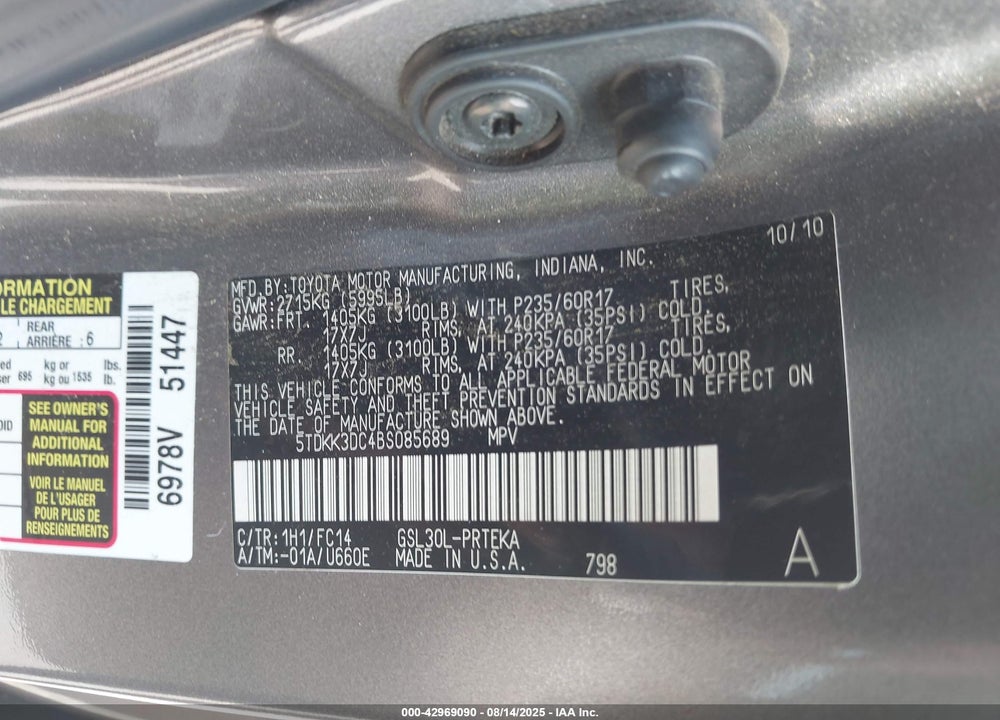 2011 TOYOTA SIENNA LE V6 VIN: 5TDKK3DC4BS085689