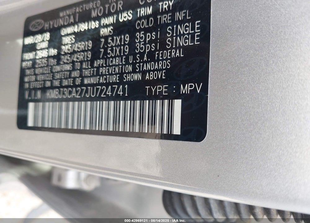 2018 HYUNDAI TUCSON VIN: KM8J3CA27JU724741