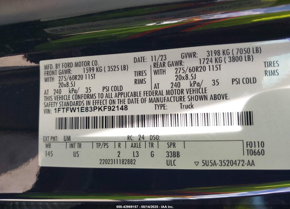 2023 FORD F-150 VIN: 1FTFW1E83PKF92148