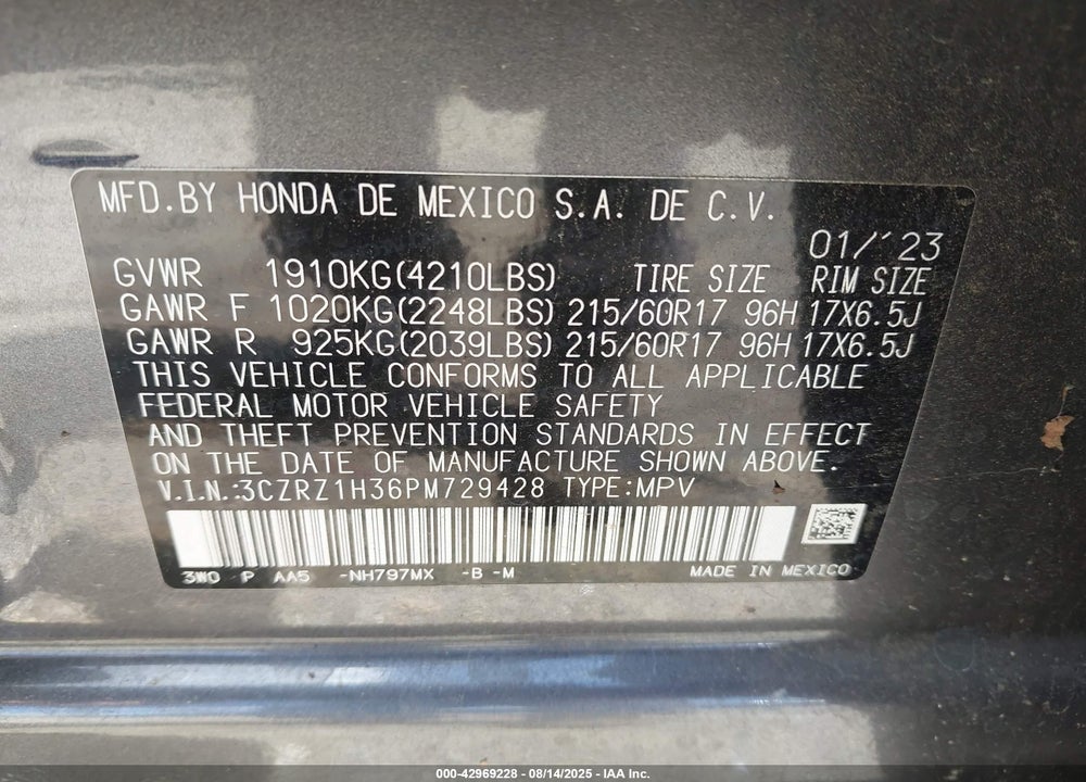 2023 HONDA HR-V VIN: 3CZRZ1H36PM729428