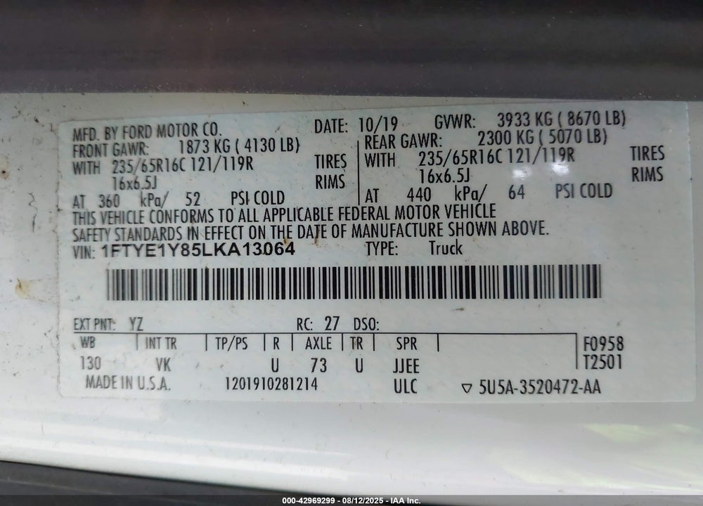 2020 FORD TRANSIT-150 VIN: 1FTYE1Y85LKA13064