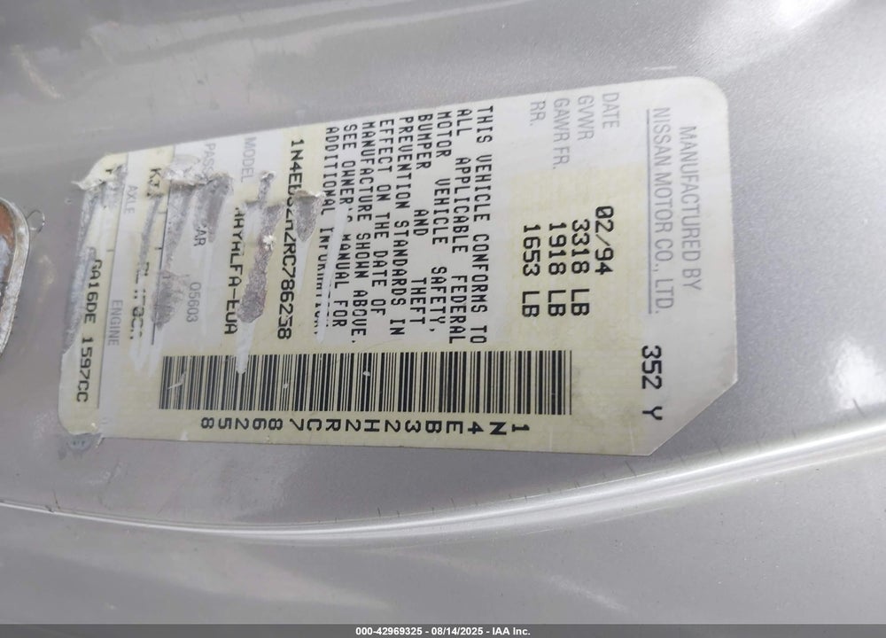 1994 NISSAN SENTRA VIN: 1N4ED32H2RC786258