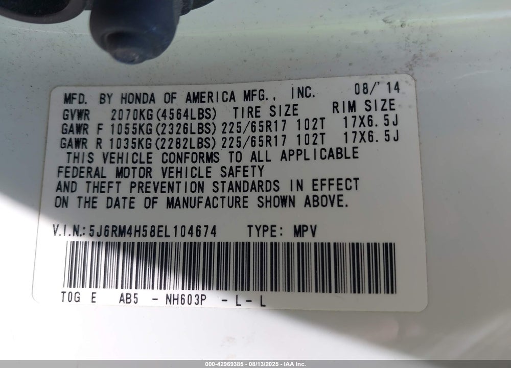 2014 HONDA CR-V VIN: 5J6RM4H58EL104674