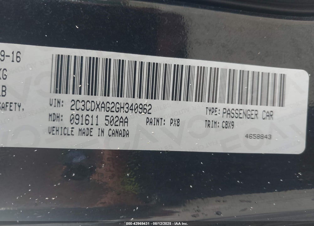 2016 DODGE CHARGER VIN: 2C3CDXAG2GH340962