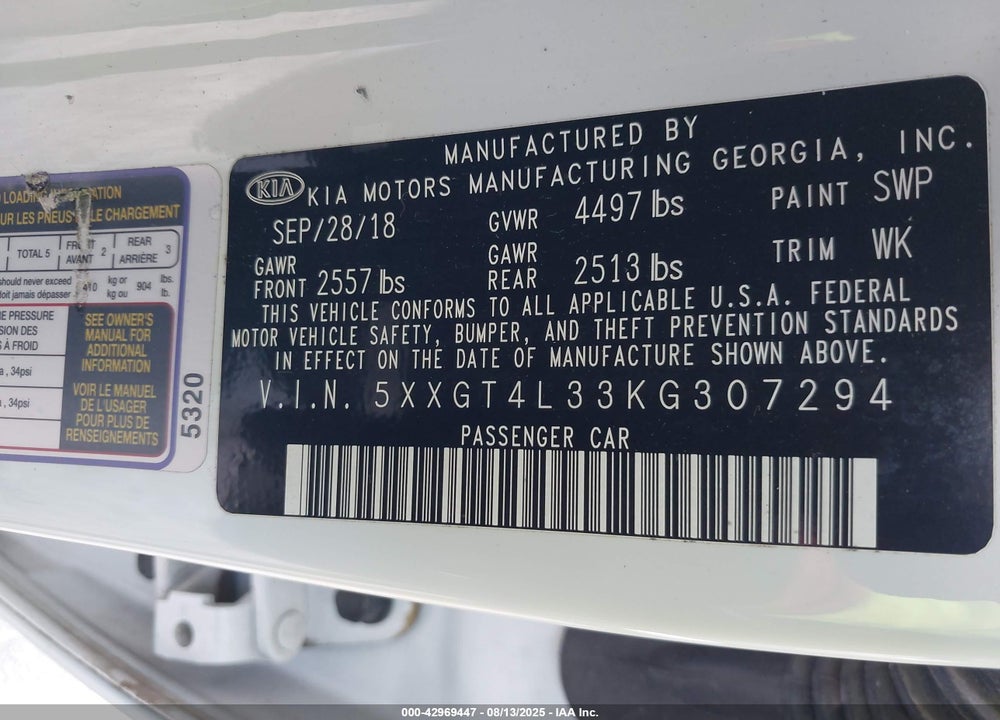 2019 KIA OPTIMA S VIN: 5XXGT4L33KG307294