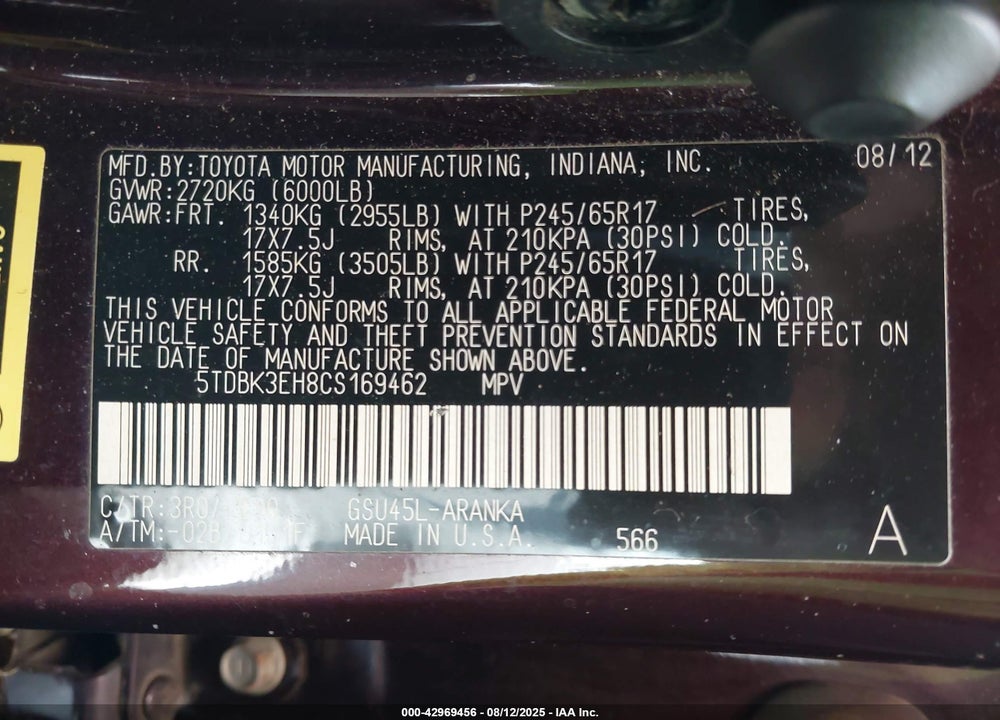 2012 TOYOTA HIGHLANDER VIN: 5TDBK3EH8CS169462