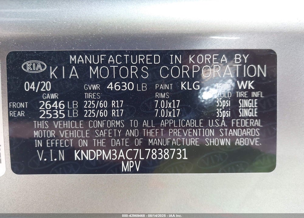 2020 KIA SPORTAGE LX VIN: KNDPM3AC7L7838731