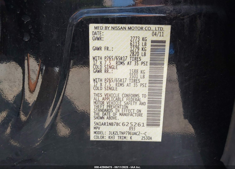 2011 NISSAN PATHFINDER VIN: 5N1AR1NB7BC625261