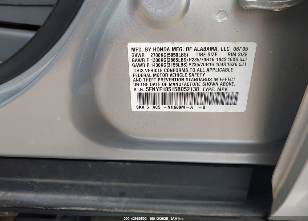 2005 HONDA PILOT EX-L VIN: 5FNYF18515B052138