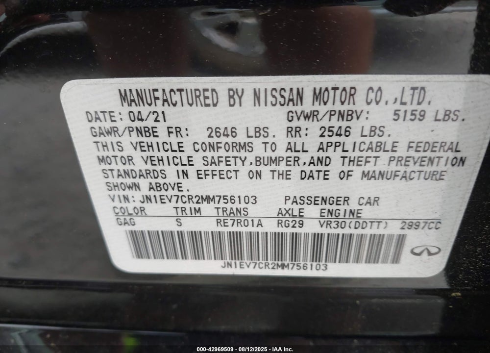 2021 INFINITI Q50 VIN: JN1EV7CR2MM756103