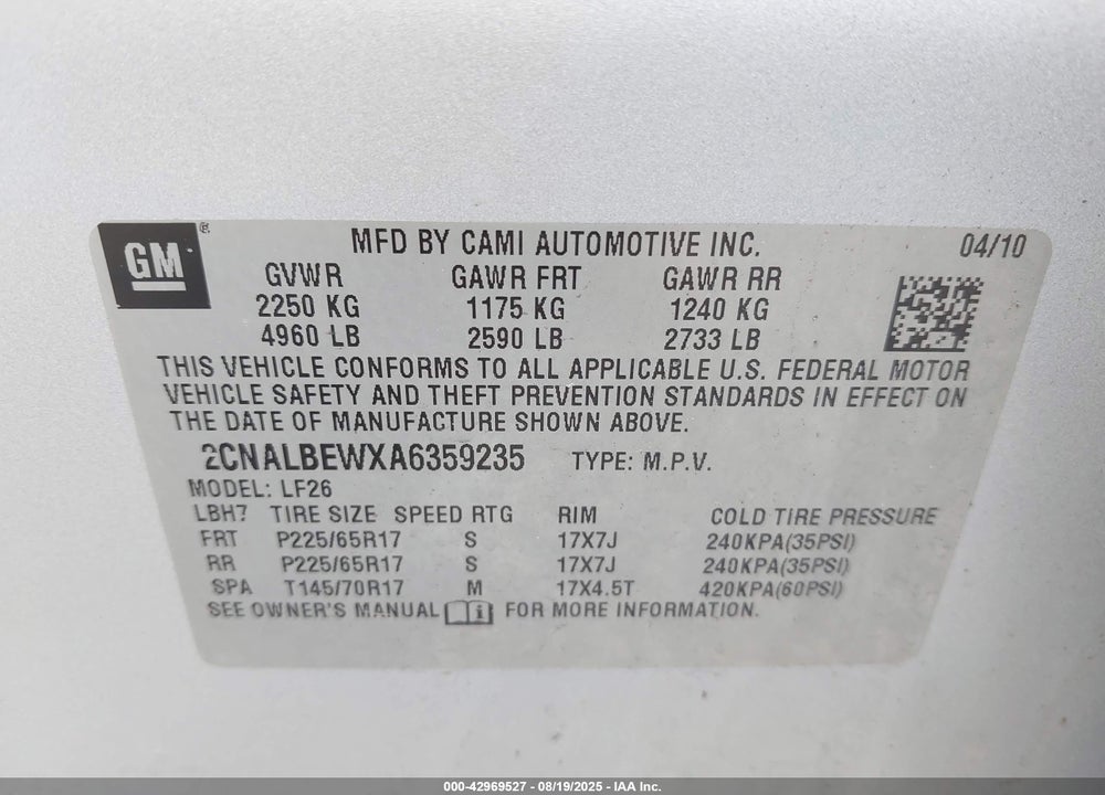 2010 CHEVROLET EQUINOX LS VIN: 2CNALBEWXA6359235