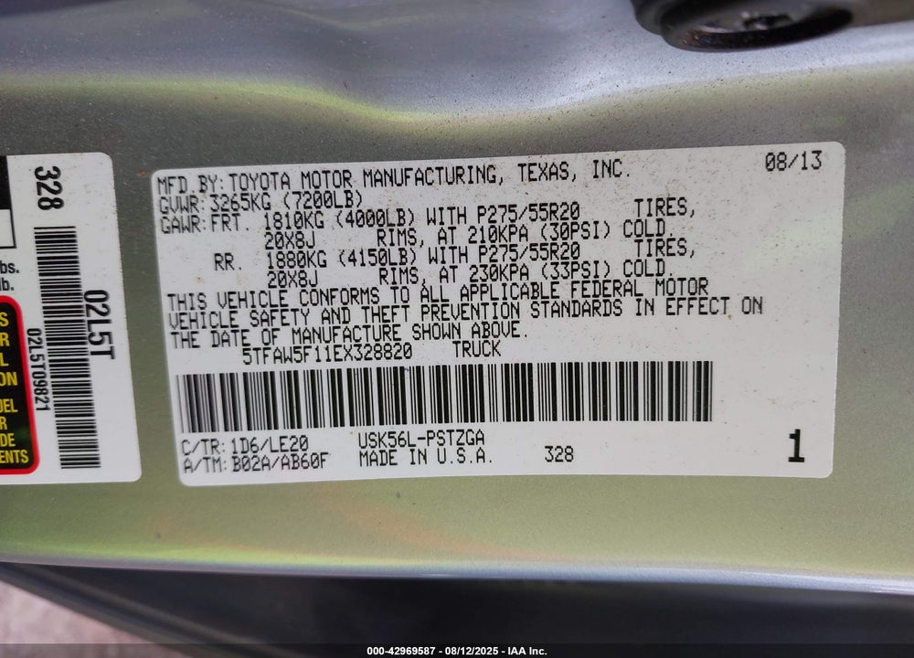 2014 TOYOTA TUNDRA VIN: 5TFAW5F11EX328820