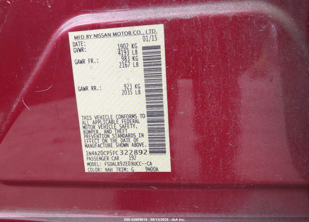 2015 NISSAN LEAF S VIN: 1N4AZ0CP5FC322892