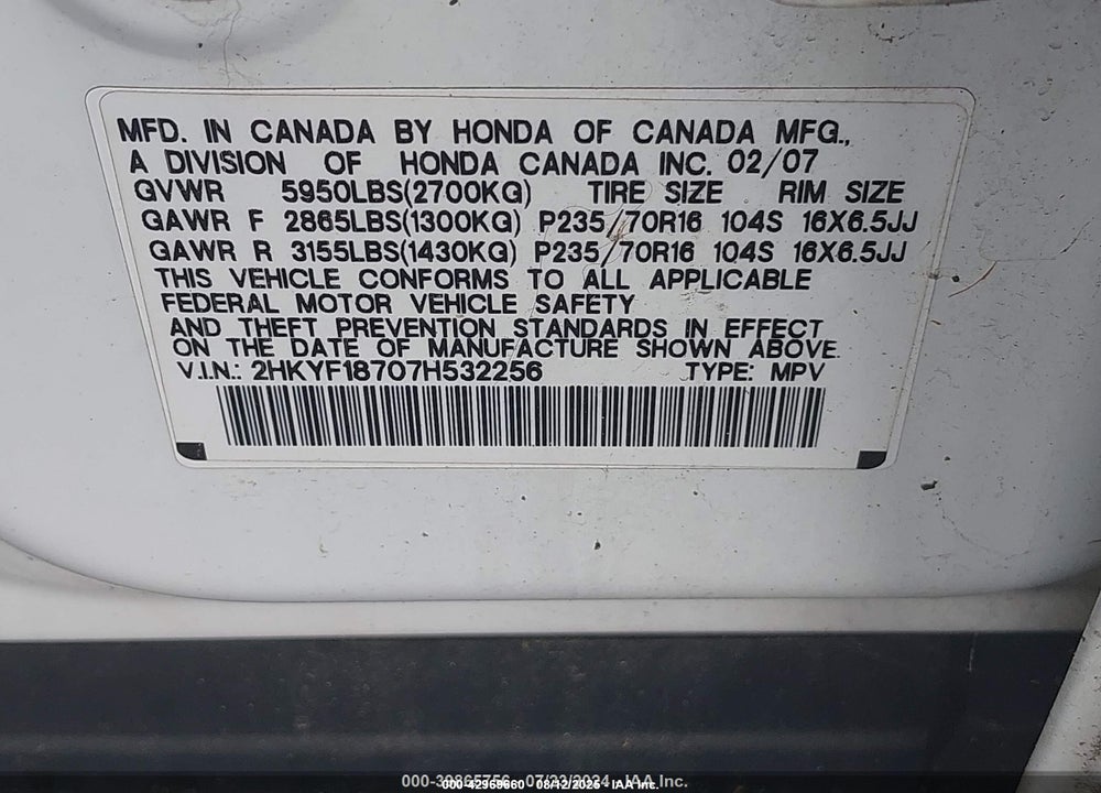 2007 HONDA PILOT EX-L VIN: 2HKYF18707H532256