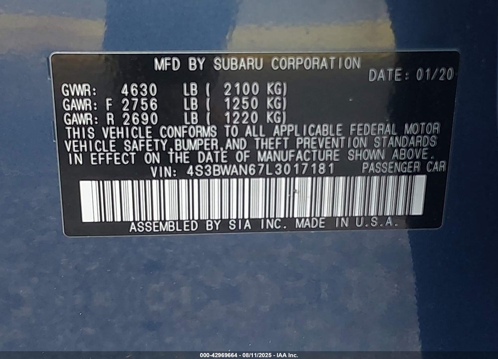 2020 SUBARU LEGACY LIMITED VIN: 4S3BWAN67L3017181