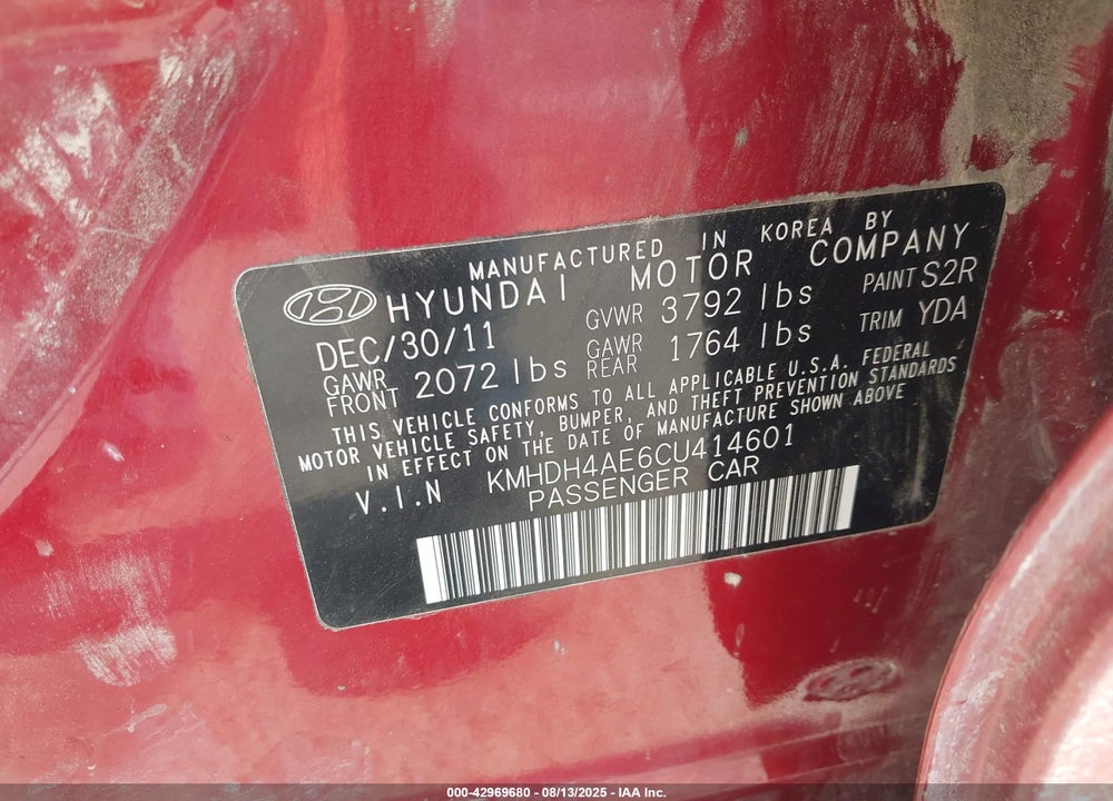 2012 HYUNDAI ELANTRA VIN: KMHDH4AE6CU414601