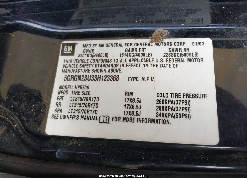 2003 HUMMER H2 VIN: 5GRGN23U33H123368