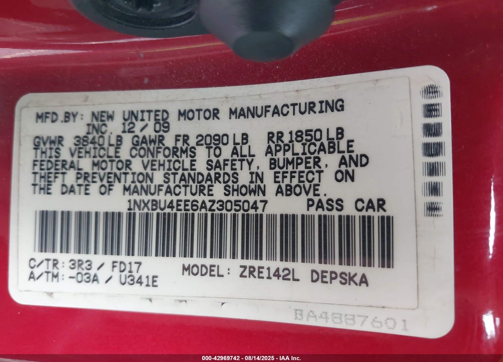 2010 TOYOTA COROLLA VIN: 1NXBU4EE6AZ305047