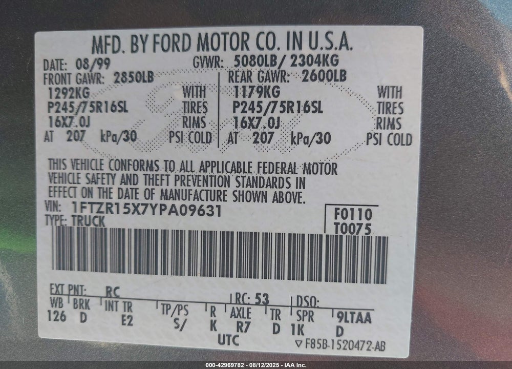 2000 RANGER FORD  XLT VIN: 1FTZR15X7YPA09631