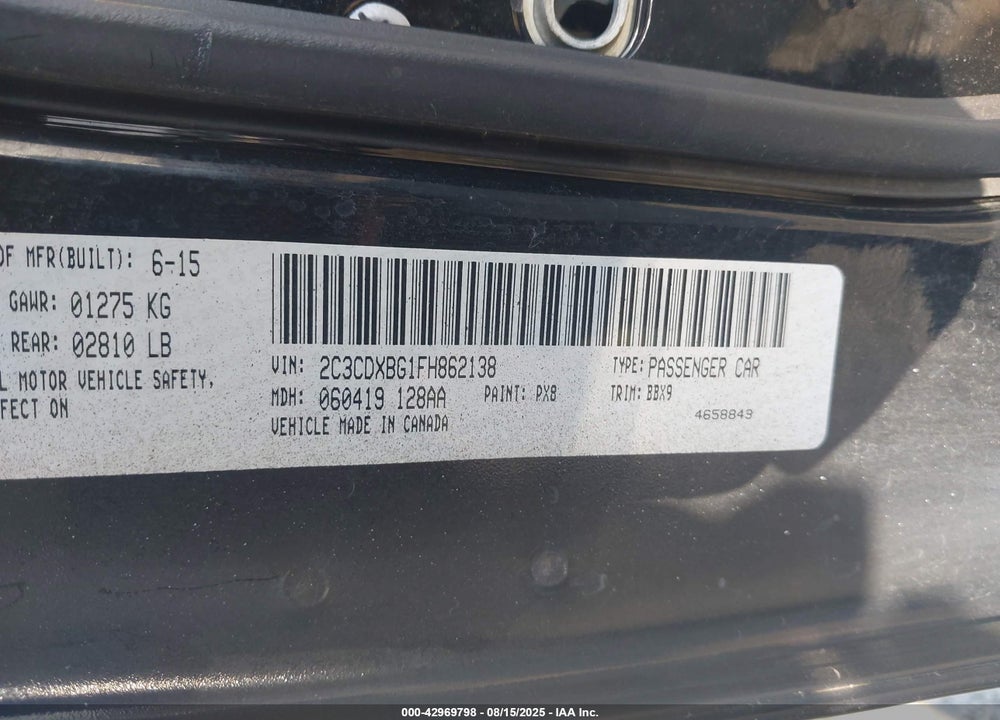 2015 DODGE CHARGER VIN: 2C3CDXBG1FH862138