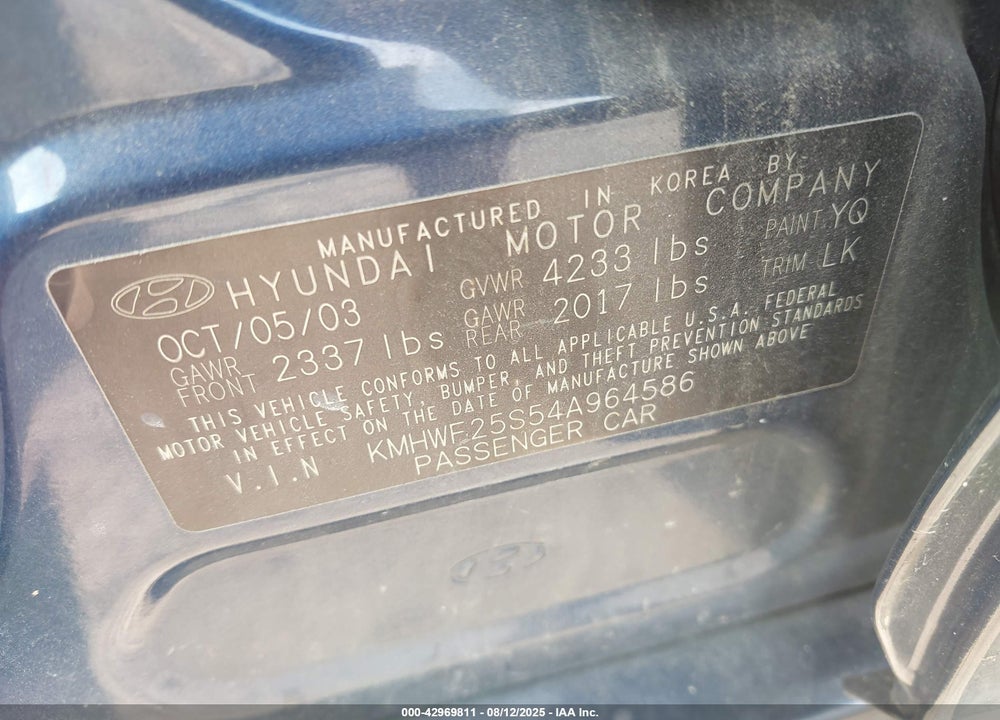 2004 HYUNDAI SONATA VIN: KMHWF25S54A964586