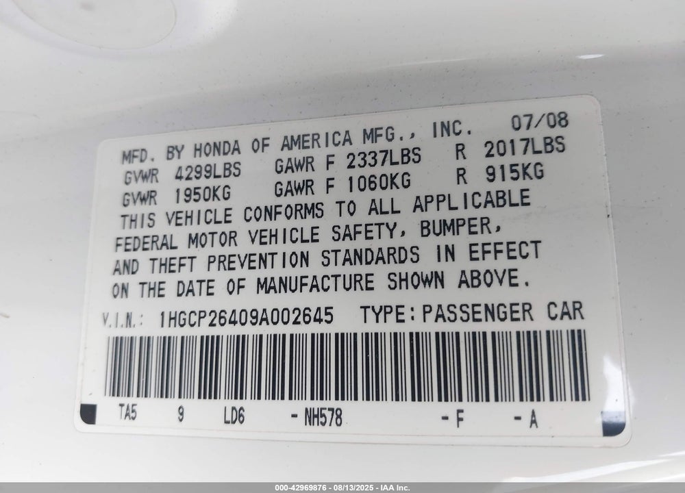 2009 HONDA ACCORD VIN: 1HGCP26409A002645