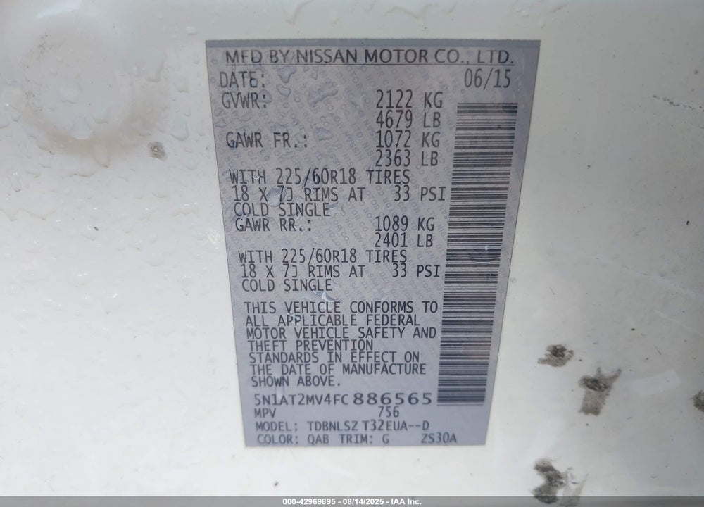 2015 NISSAN ROGUE VIN: 5N1AT2MV4FC886565
