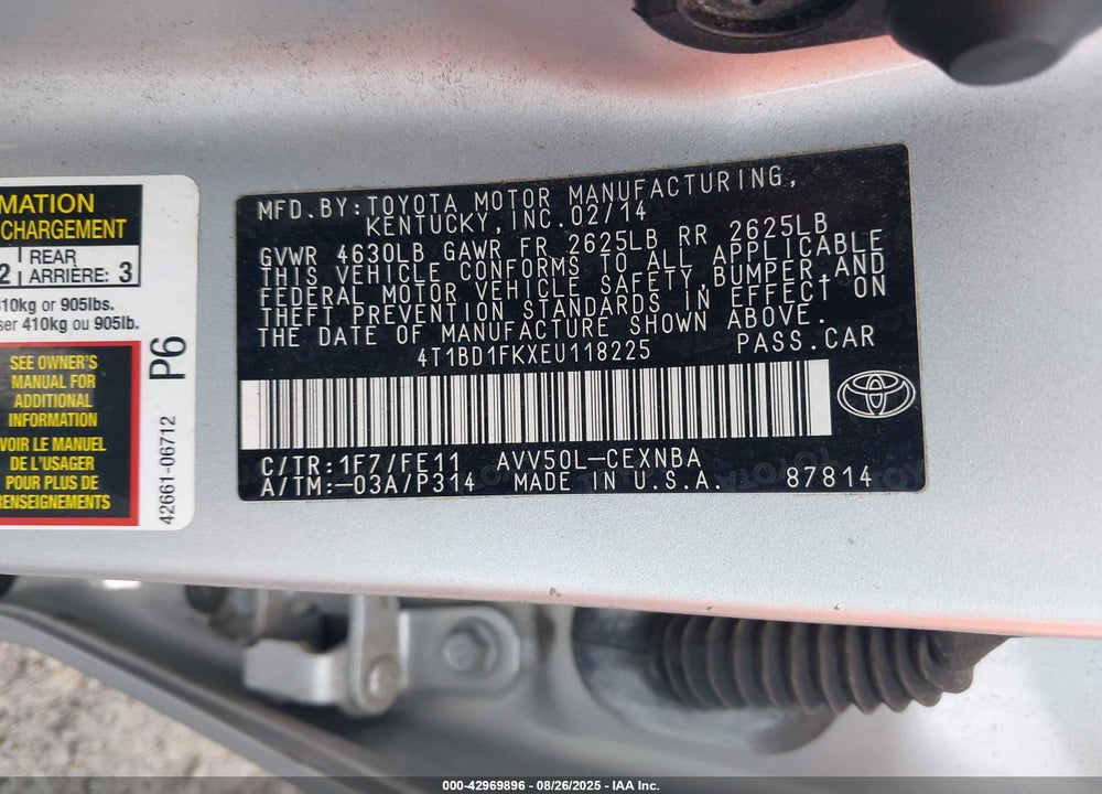 2014 TOYOTA CAMRY HYBRID LE VIN: 4T1BD1FKXEU118225