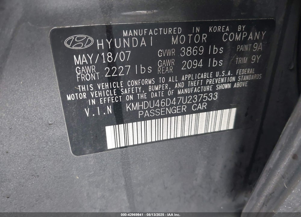 2007 HYUNDAI ELANTRA VIN: KMHDU46D47U237533